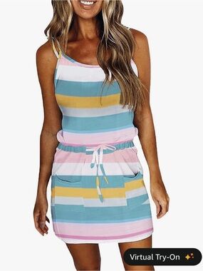 Striped Casual Tank Dress in Pastel Blue, Pink & Yellow